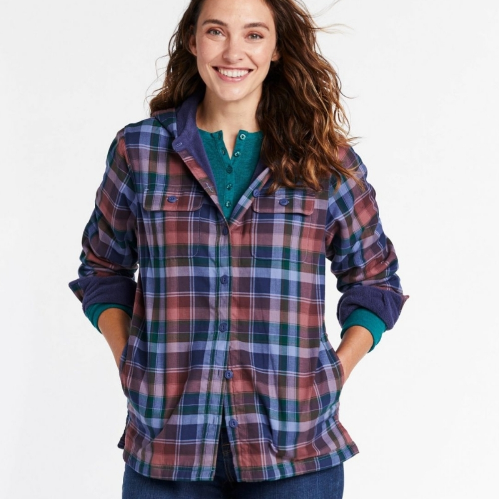 L.L. Bean Fleece-Lined Flannel Hoodie, Plaid Size Small Purple and Blue